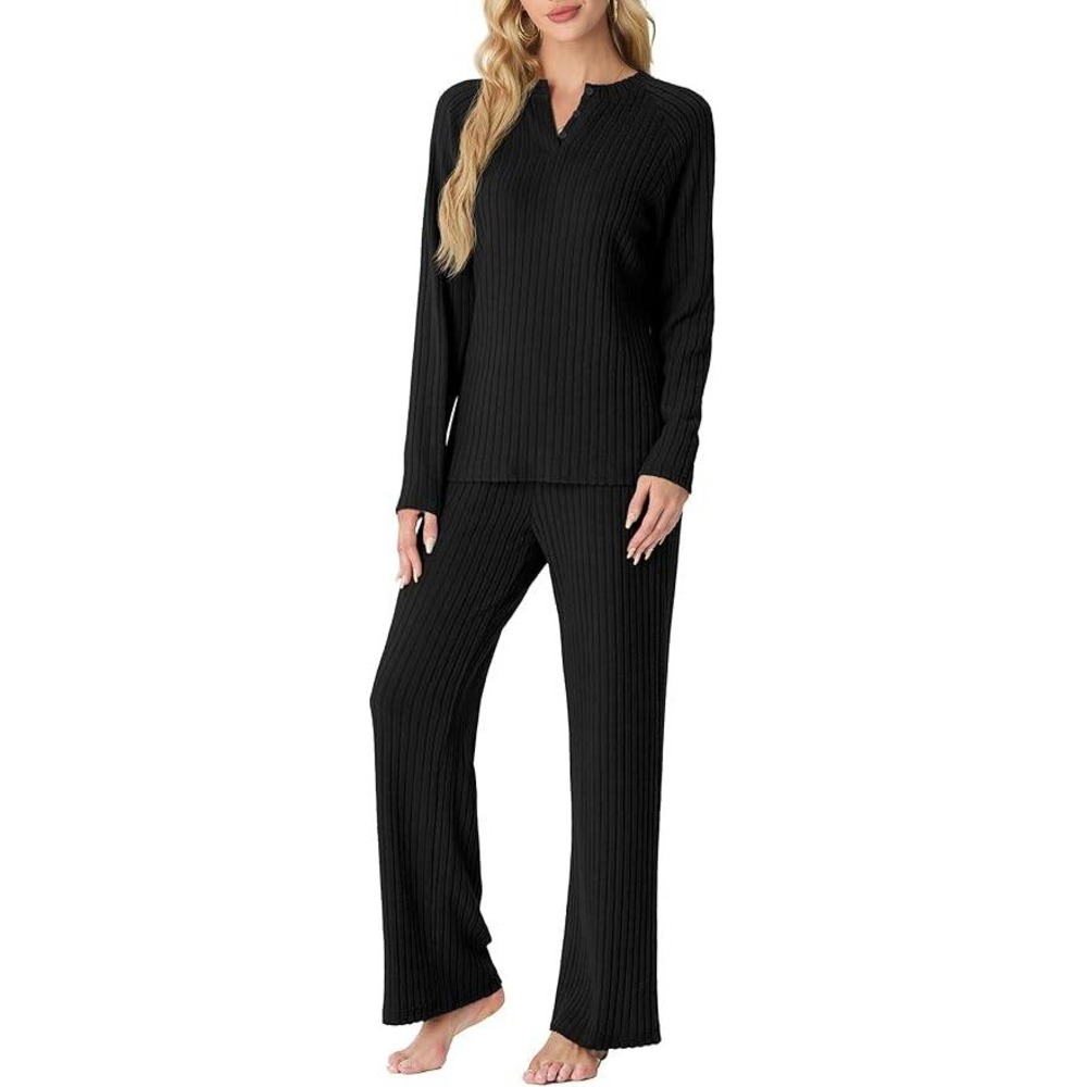 MSRP $26 PrinStory Women's L Black Pajama Set Long Sleeve Lounge Set Two Piece